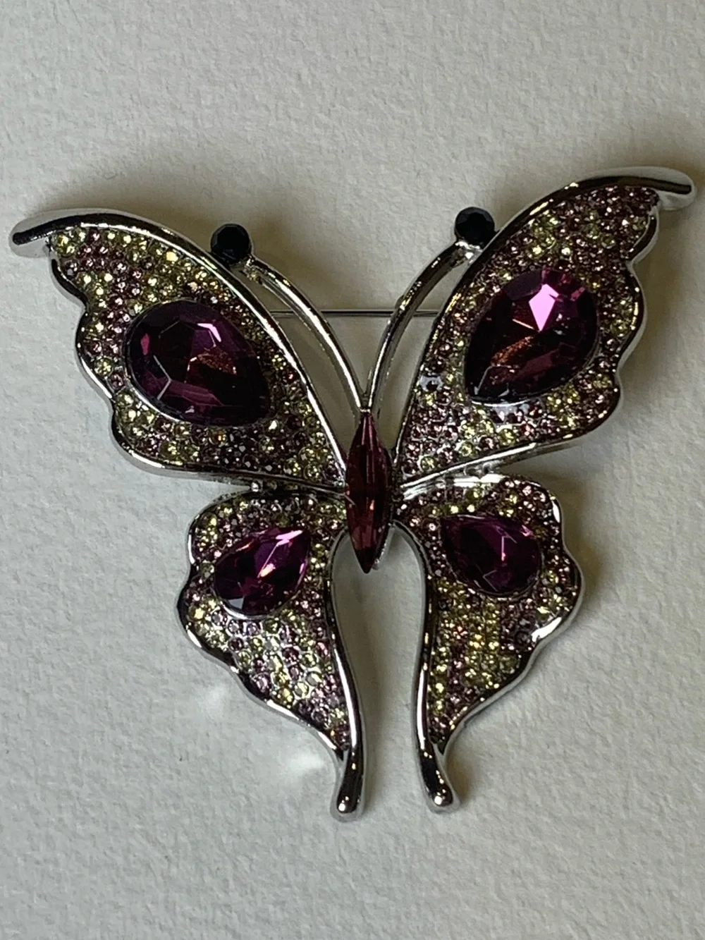 Rhinestone Butterfly Brooch Purple Amethyst Silver Tone